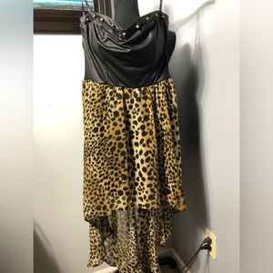 Strapless Faux Leather Cheetah Hi/Lo Party Dress